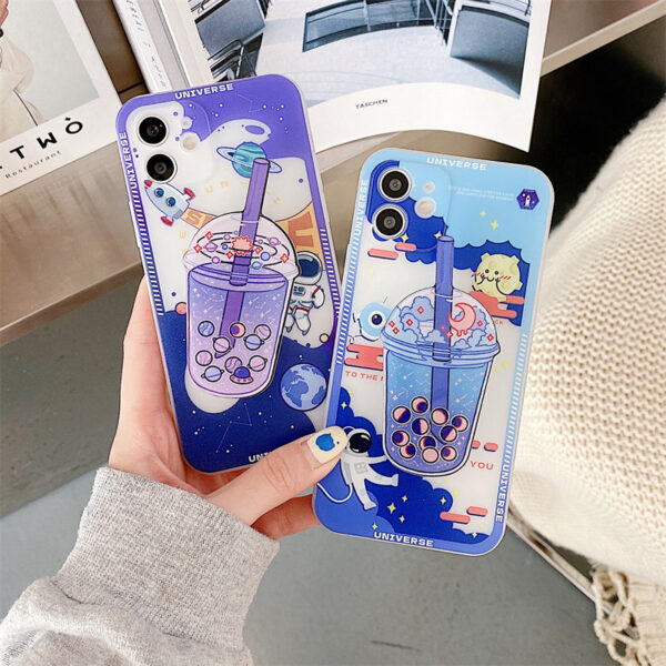 Space Themed Boba Pearl Milk Tea Protective Phone Case iPhone Compatible