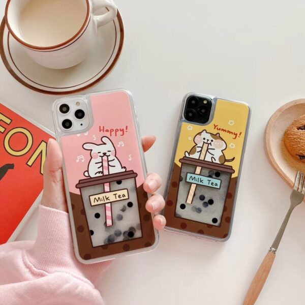 Cat Rabbit Liquid Boba Pearl Milk Tea Mobile Phone Case iPhone Compatible
