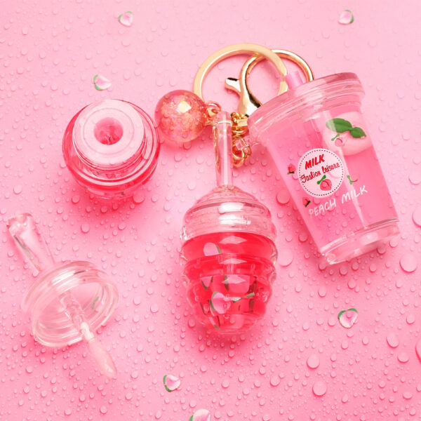 Coloful Liquid Peach Fruit Milk Tea Cup with Lip Gloss Ball Pendant Charm Keychain
