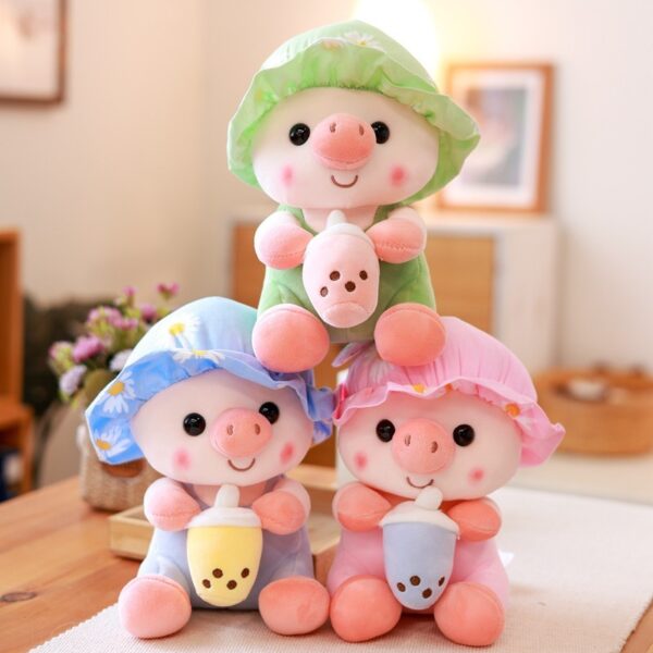 Adorable Cute Baby Pink Pig Colored Hat Boba Pearl Milk Tea Plush Toy