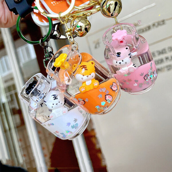 Tiger Liquid Boba Pearl Tea Cup with Bell Pendant Charm Keychain