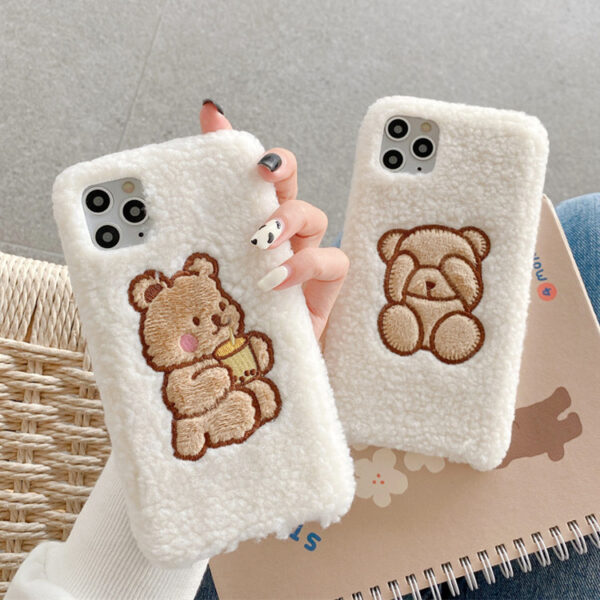 Fluffy Wool Peekaboo Bear Boba Milk Tea Phone Case iPhone Compatible