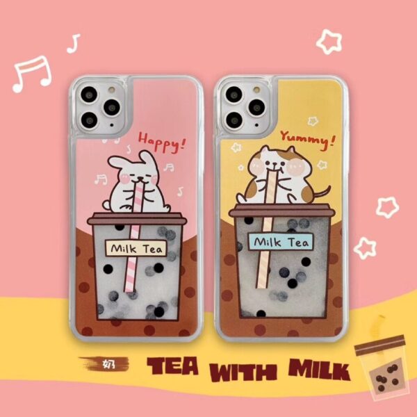 Liquid Boba Pearl Milk Tea Cute Rabbit Cat iPhone Compatible Phone Case